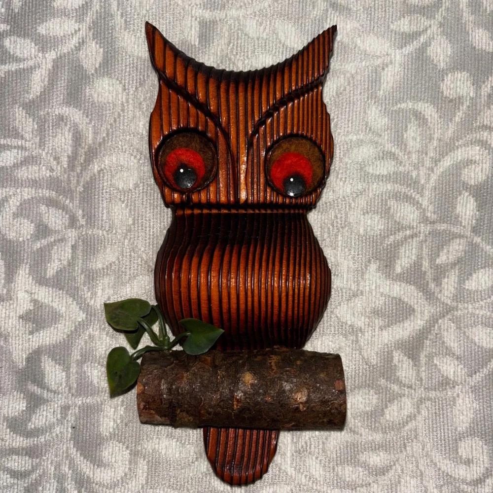 1970 Vintage Green Mountain Wood Owl Wall Hanging Handcrafted Michigan MCM Decor